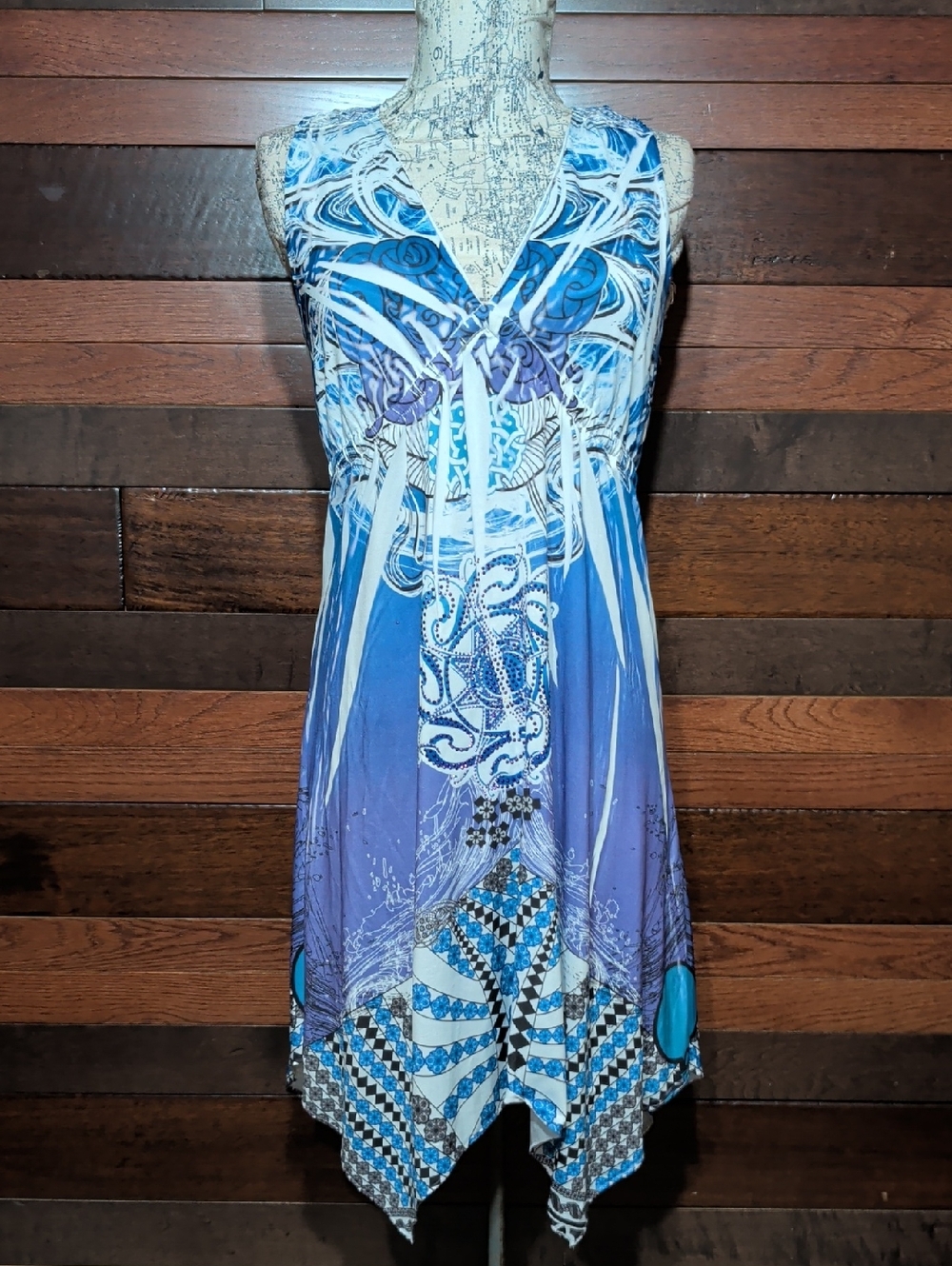Paradise Contour Blue & Purple V-Neck Handkerchief Hem Dress